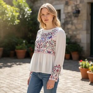 CINDY KONO White Embroidered Ruffle Blouse Small Fairy Whimsy Coquette Boho